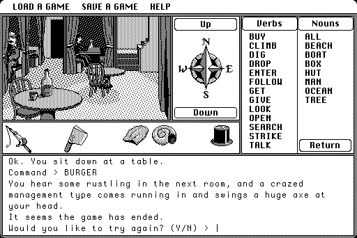 You hear some rustling in the next room, and a crazed management type comes running in and swings a huge axe at your head.