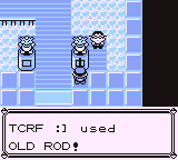 A screenshot of the player fishing in one of Cerulean Gym's statues.